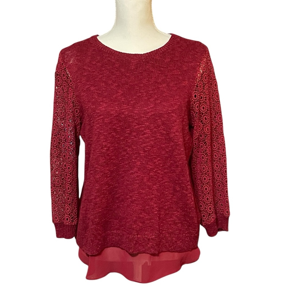 Lucky Brand Red Split Back Lace sleeve layered sweater medium
